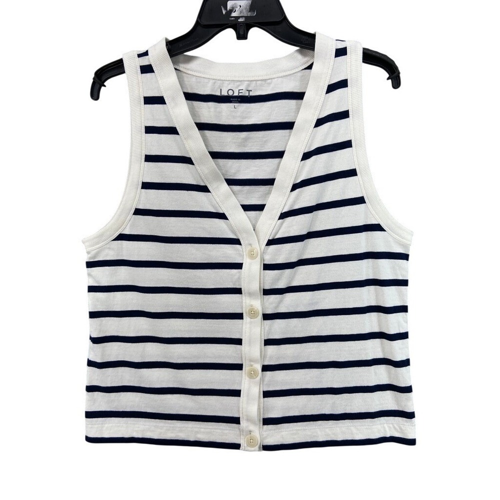 LOFT Tank Top Womens Sz L Striped Button Front White Navy Blue Cropped Nautical